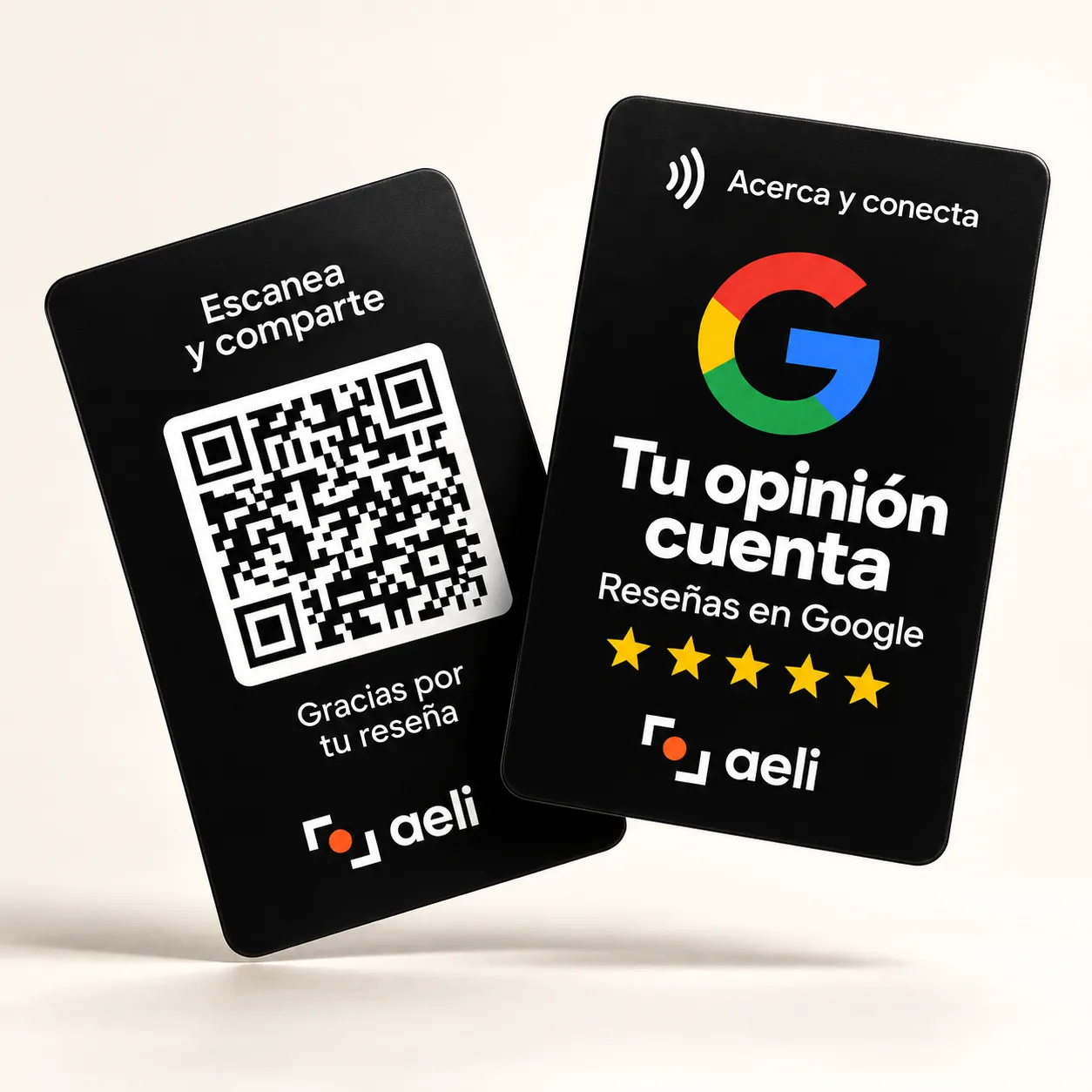 Tarjetas aeli negras con QR y NFC para dejar una reseña en Google, con textos en español